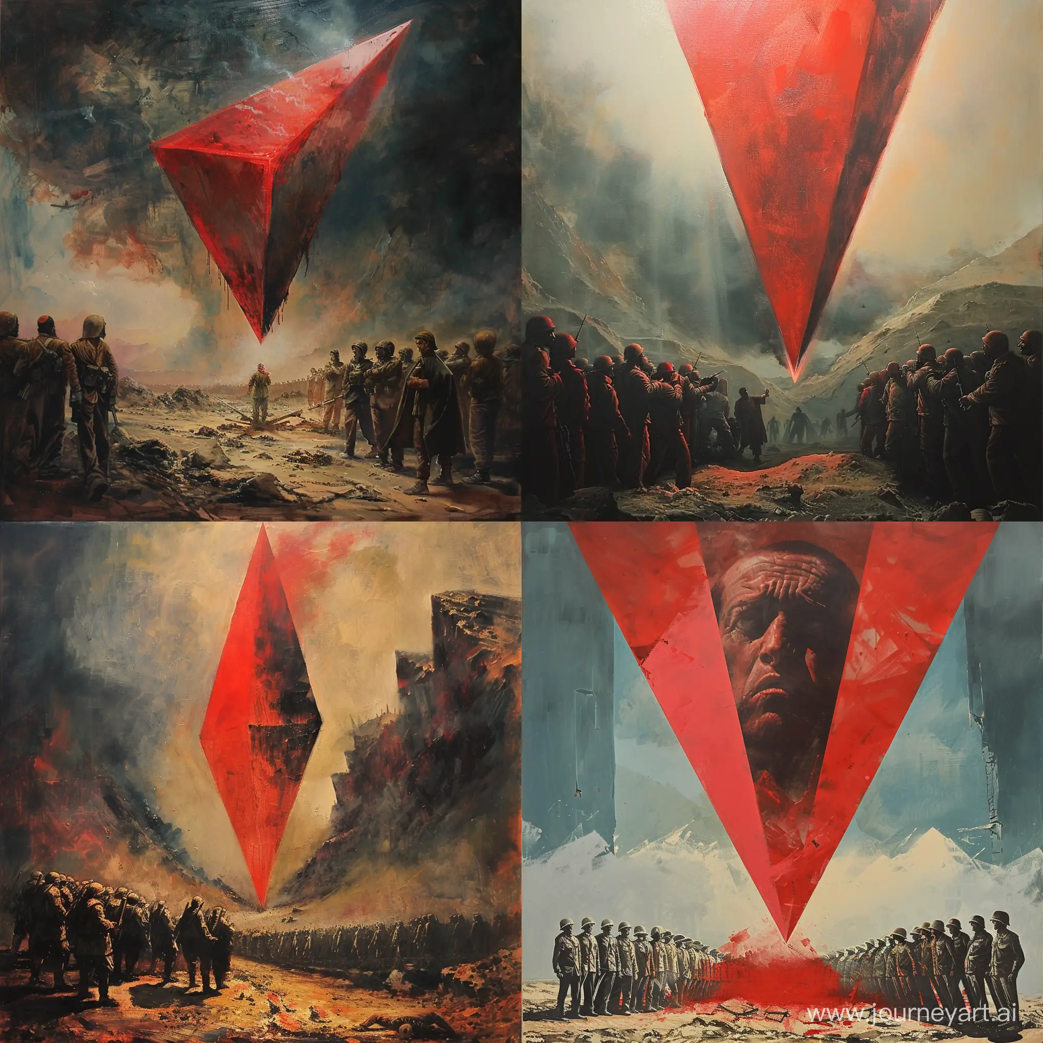 An artistic painting showing the descent of a large red triangle from the sky, symbolizing Palestinian resistance and expressing victory over the oppressors. Its head is down and its base is up. The tip of the triangle is planted in the ground.
He is surrounded by a group of evil soldiers who look at him in a state of panic and fear.