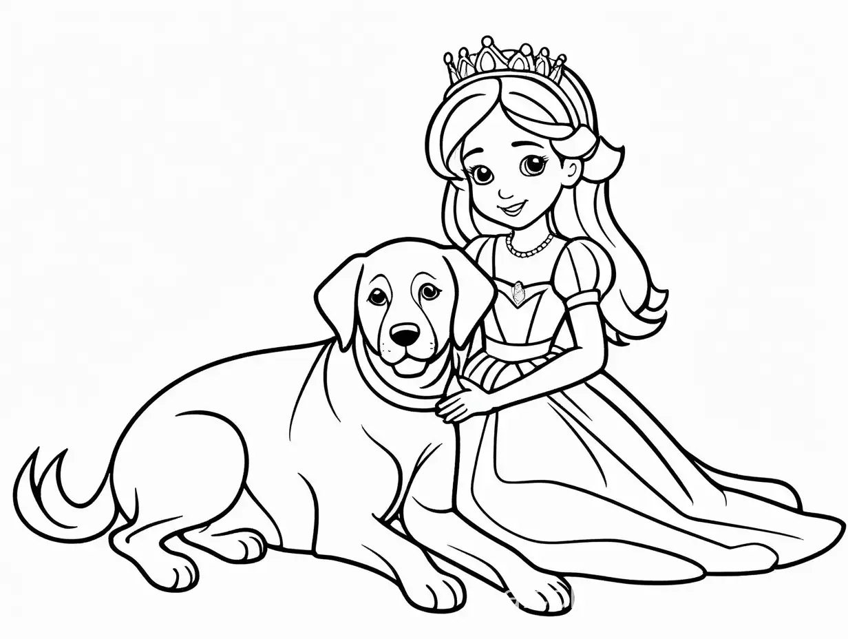 Princess cuddling dog, Coloring Page, black and white, line art, white background, Simplicity, Ample White Space. The background of the coloring page is plain white to make it easy for young children to color within the lines. The outlines of all the subjects are easy to distinguish, making it simple for kids to color without too much difficulty