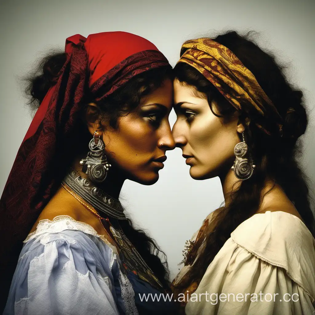 Gipsy-woman and woman, rivals, stare down, nose to nose
