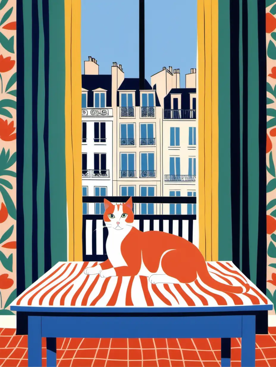 in the style of matisse, a cat sitting on a table  in front of a window overlooking a Paris street and a cafe in a bedroom with a bed and striped wallpaper