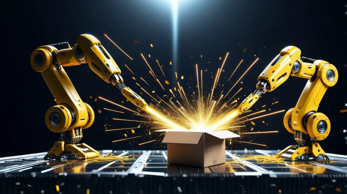Futuristic Factory Packaging Yellow Robotic Arms with Sparks