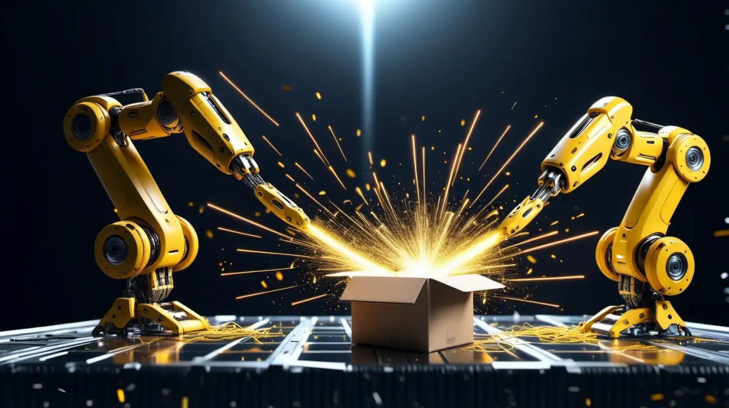 yellow robotic packaging arms in a futuristic factor with sparks flying