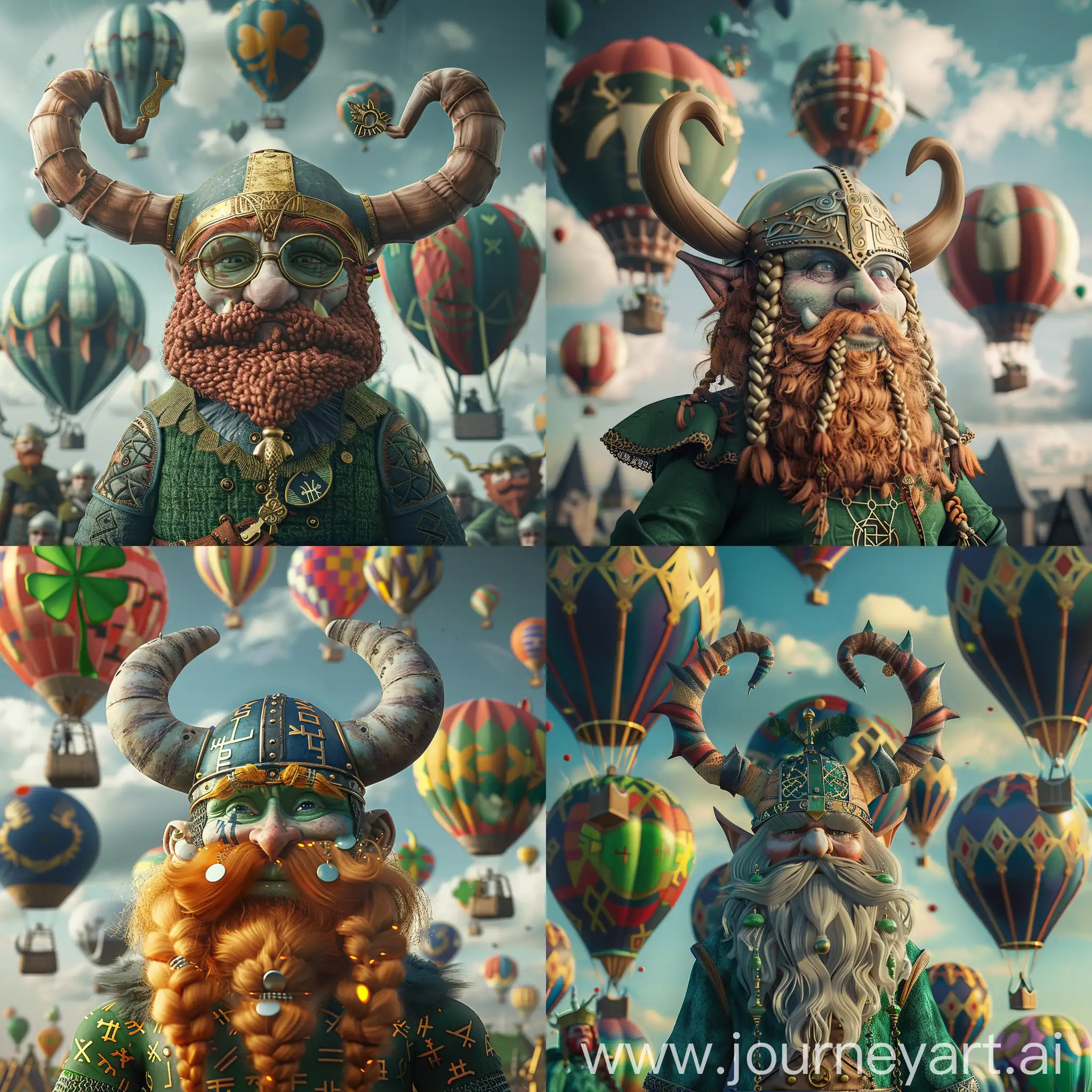 a viking leprechaun with a horned helmet with viking themed hot air balloons in the background