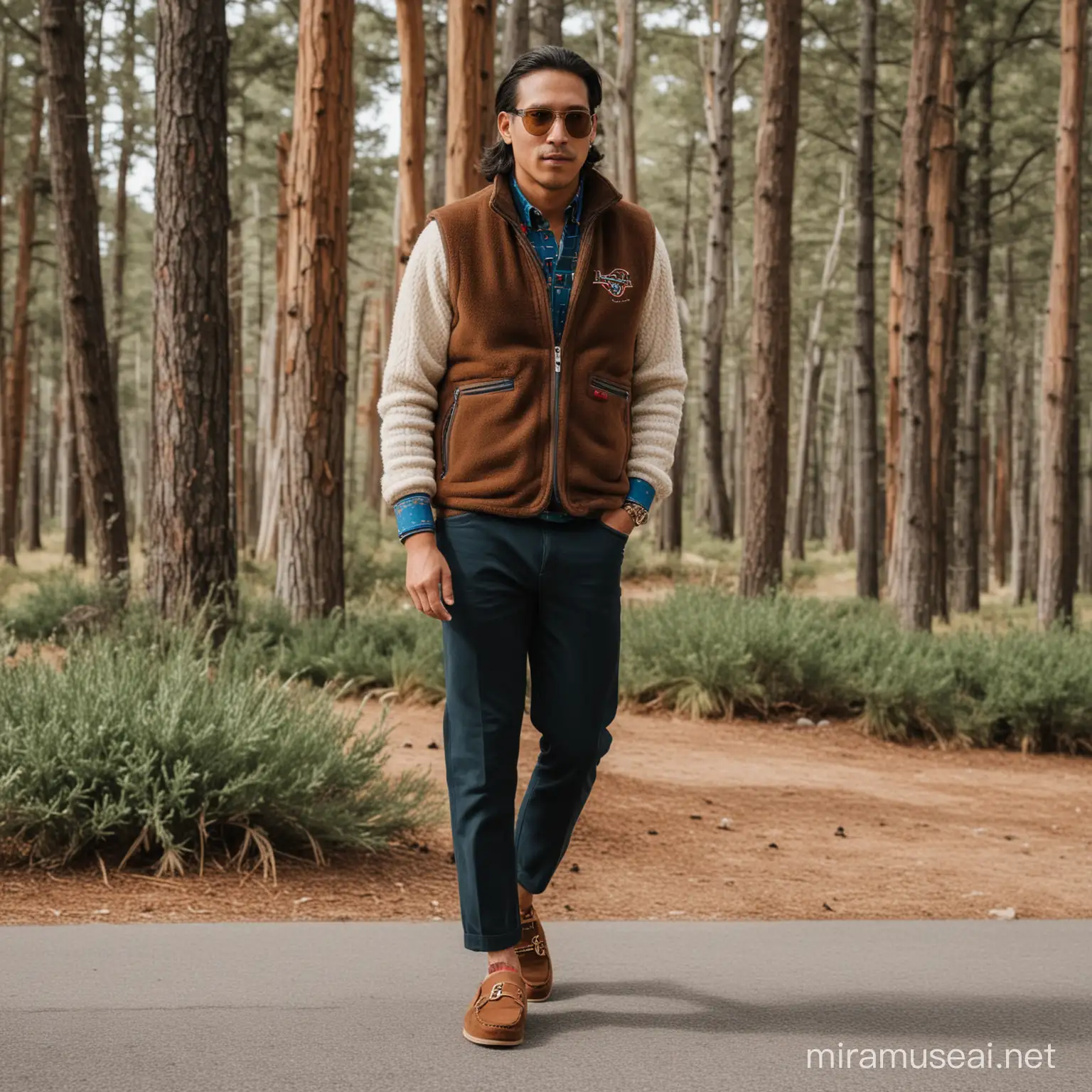 A native American professional wearing a Patagonia fleece vest and Gucci loafers

