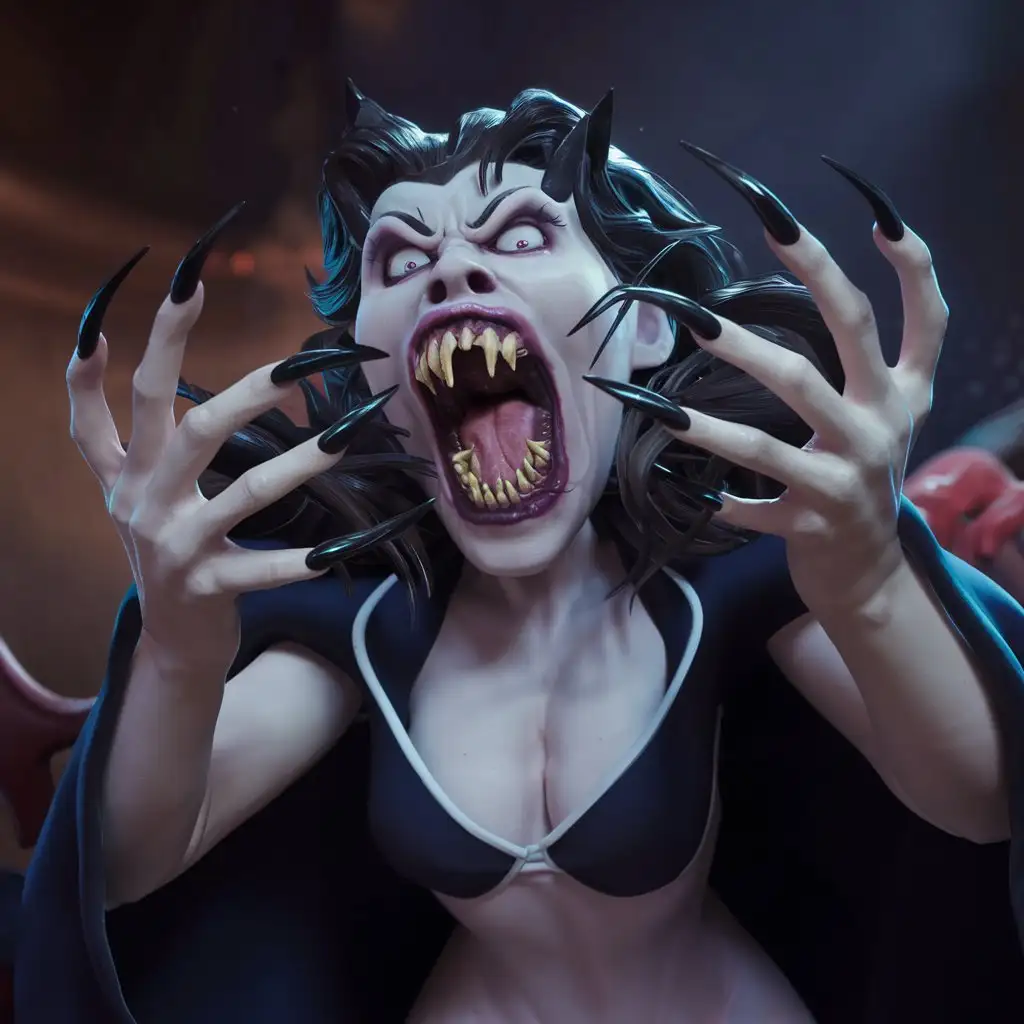 Photorealism of a monster female vampire with long pointed black-dirty nails, like beast claws, she aggressive attack, pointed crocked teeth scary expression, dark atmosphere, high quality, photorealistic, terrifying, aggressive,scary predator fangs, detailed nails, horror, atmospheric lighting, full body, realistic hyper - detail, playful character designs, full anatomical. human hands, very clear without flaws with five fingers