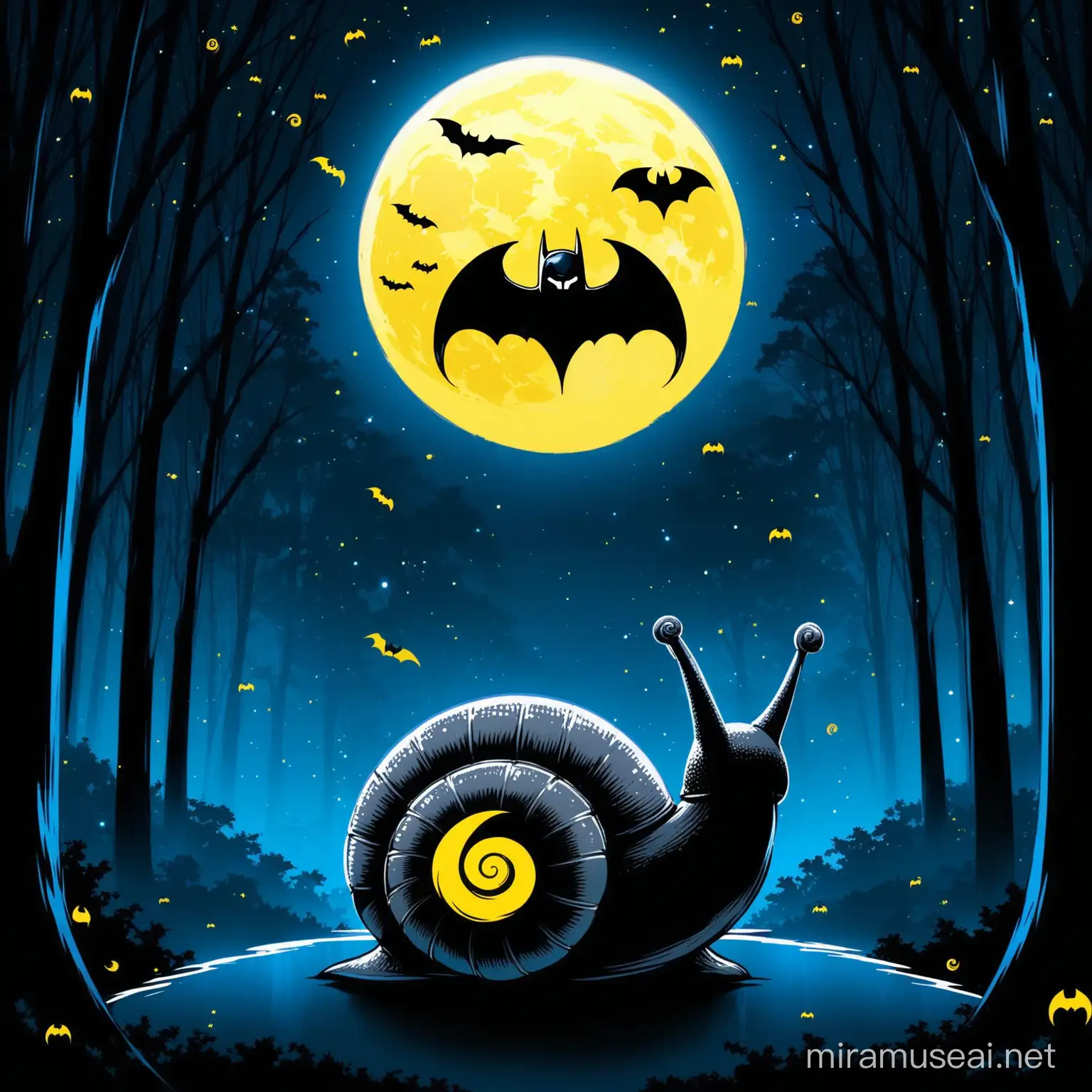 Snail with batman symbol 
appreance - shell with batman symbol on shell only/ (noir grey/blue/yellow) full body
bacground - trees/night/blue full moon