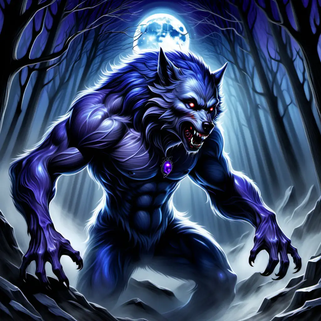 In the enchanting world of virtual reality, emerges a mesmerizing creature - a hypnotic werewolf. This concept art, a beautifully detailed painting, showcases a werewolf enveloped in an ethereal aura. Its fur is a spectacular blend of midnight blues and shimmering silvers, with mesmerizing patterns shifting under the spellbinding moonlight. Piercing amethyst eyes gleam with a captivating intensity, drawing you into its enchanting gaze. The artist has expertly captured the essence of the werewolf's beauty and power, creating an image that is both hauntingly captivating and of extraordinary quality.