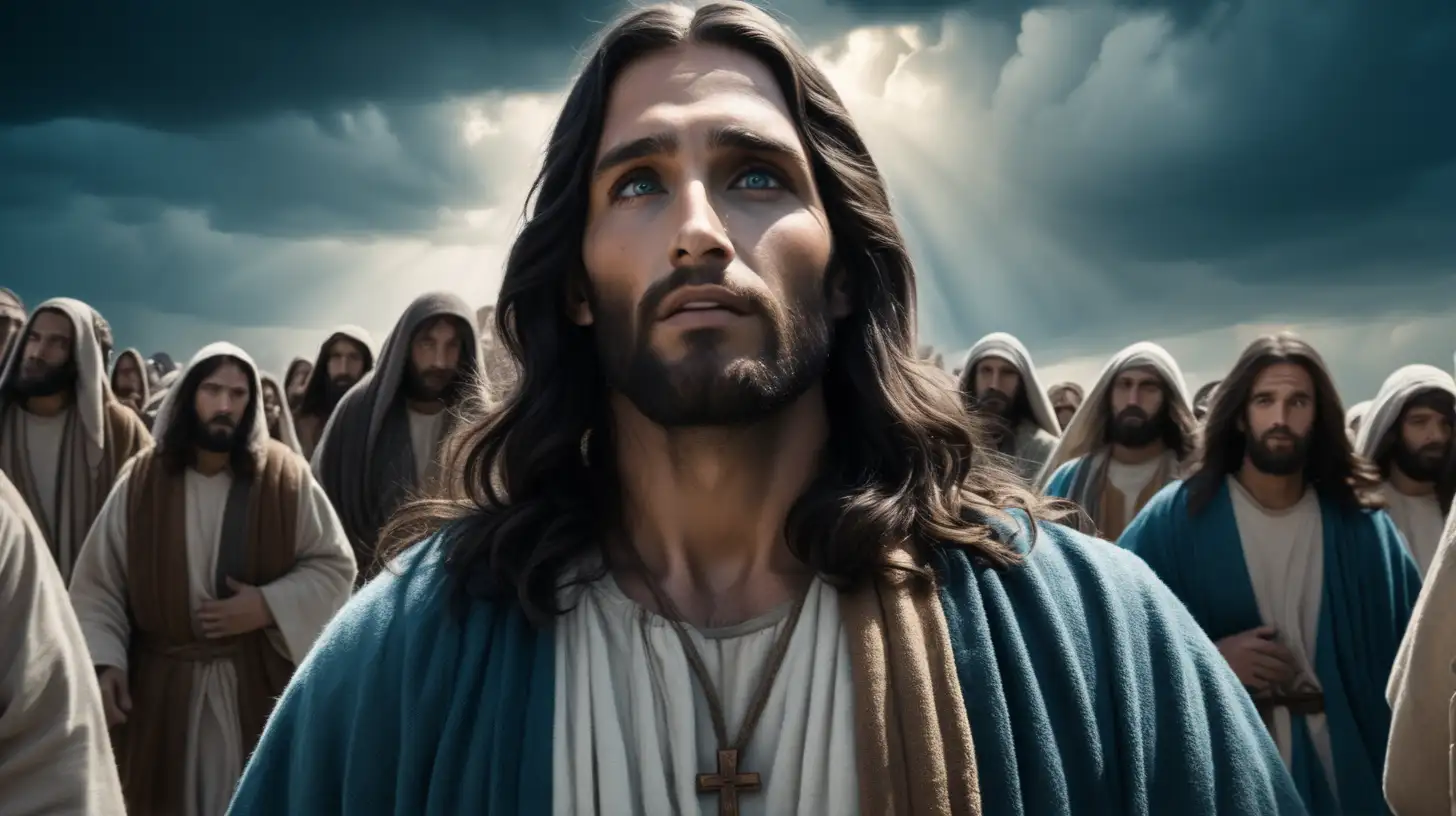 Close up image, Jesus christ, ancient biblical history, walking in street, black blue dark clouds on the village, long hair, followers behind Him. Divine light Him. Different angles