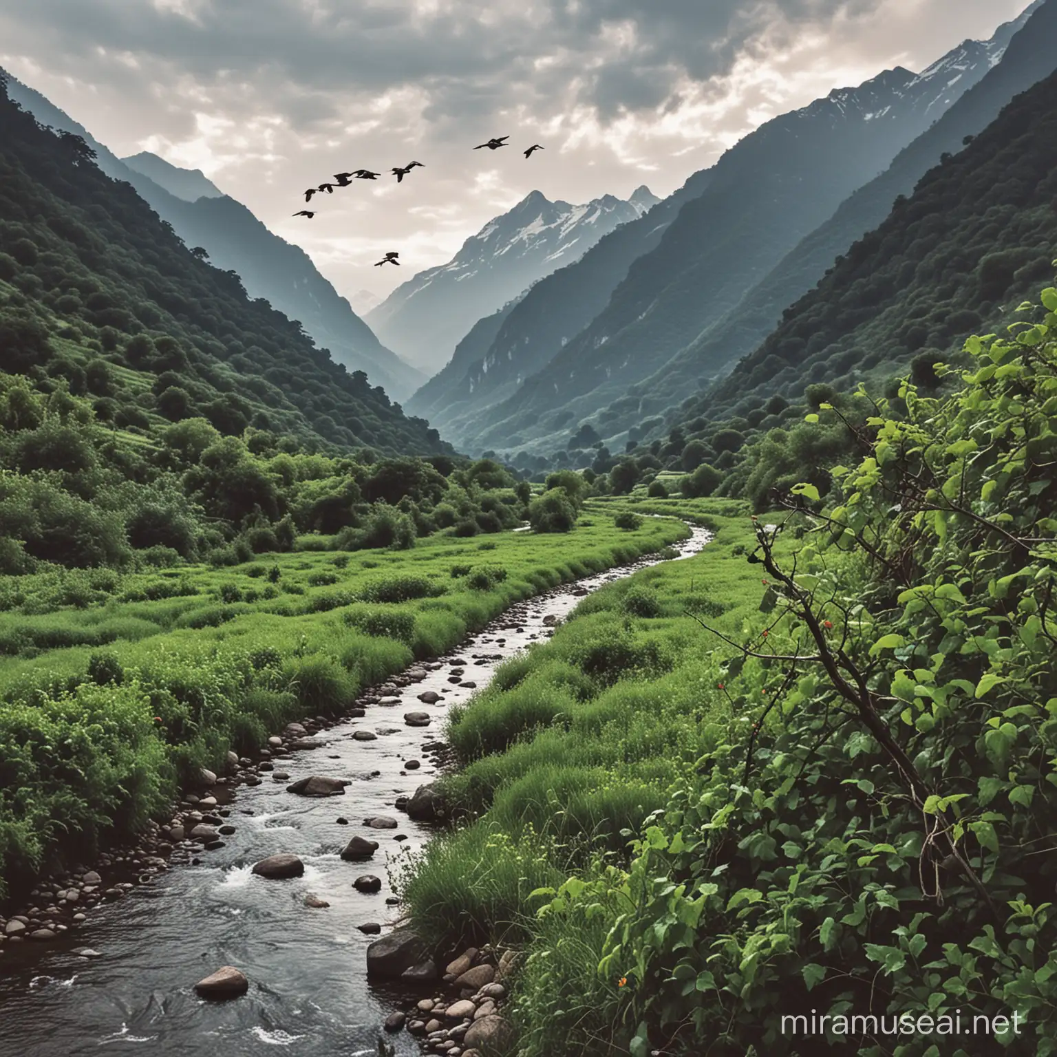 stream+birds+mountains+vines