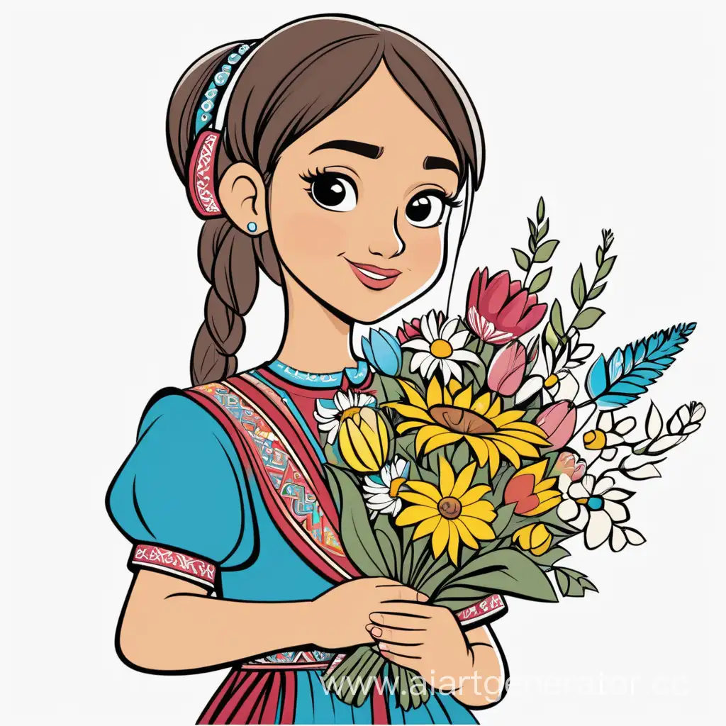 Vector a cartoon kazakh girl with a bouquet of flowers