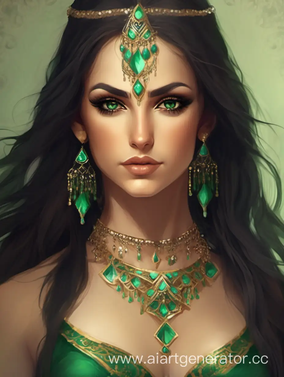 Generate a young belly dancer with green eyes and dark hair
