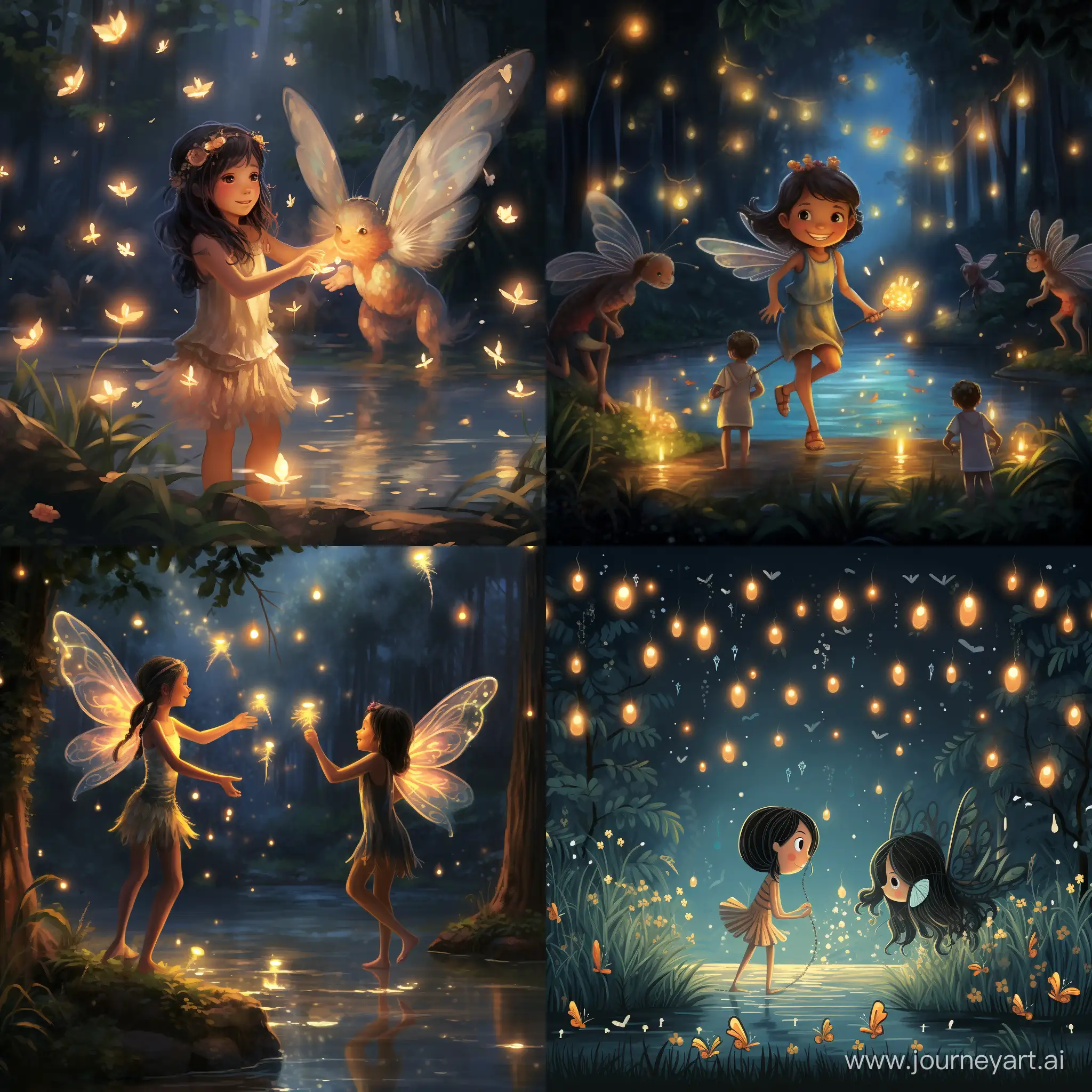Illustration: Sparkle following the twinkling fireflies, with various magical creatures like playful fairies and friendly fireflies in the background.