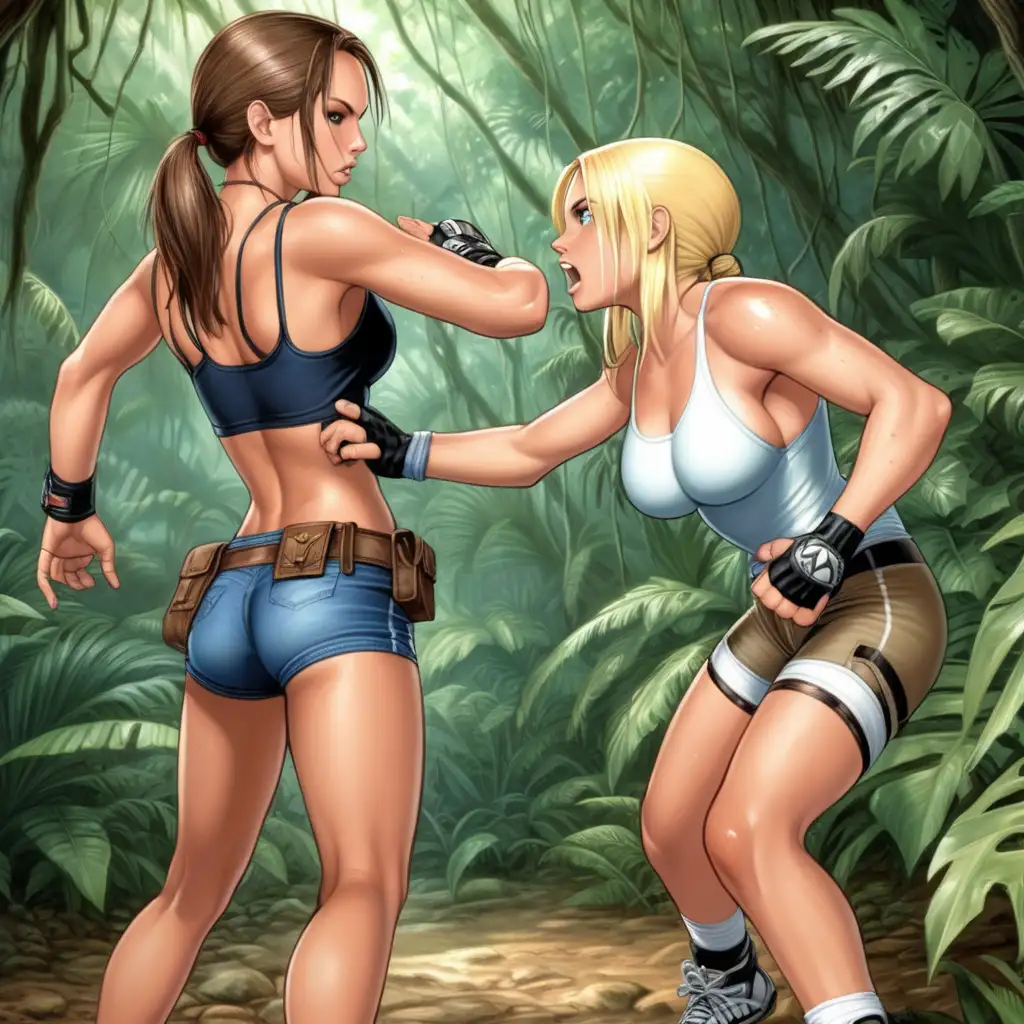 slim teen lara croft topless adventure girl  wrestles against slim blonde Rival in a jungle setting