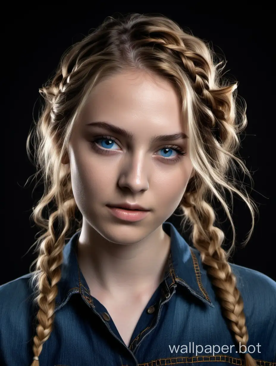 A photo of a young woman, with fair skin, delicate braids on her shoulders, and golden highlights against a dark background. Her hair falls in natural waves, with visible roots. She has symmetrical facial features, well-defined eyebrows, blue eyes coated with mascara, and light makeup. She wears a black round-necked top, layered with an open denim shirt featuring visible seams and buttons. Soft, even lighting casts a gentle glow on her face against the dark backdrop, contrasting sharply with her light hair and fair skin.