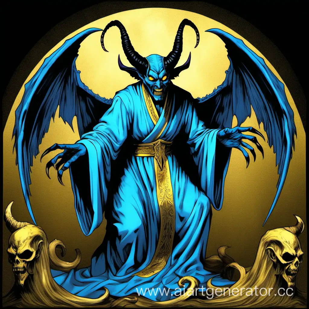 Демон в синей робе, с большими золотыми крыльями и черными рогами, изгибающимися вниз, с золотыми зубами и глазами, с чёрными когтями