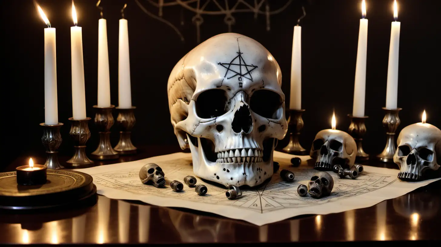 a skull with THREE eyesockets , on a desk, in an occult gothic study, with candles and pentagram