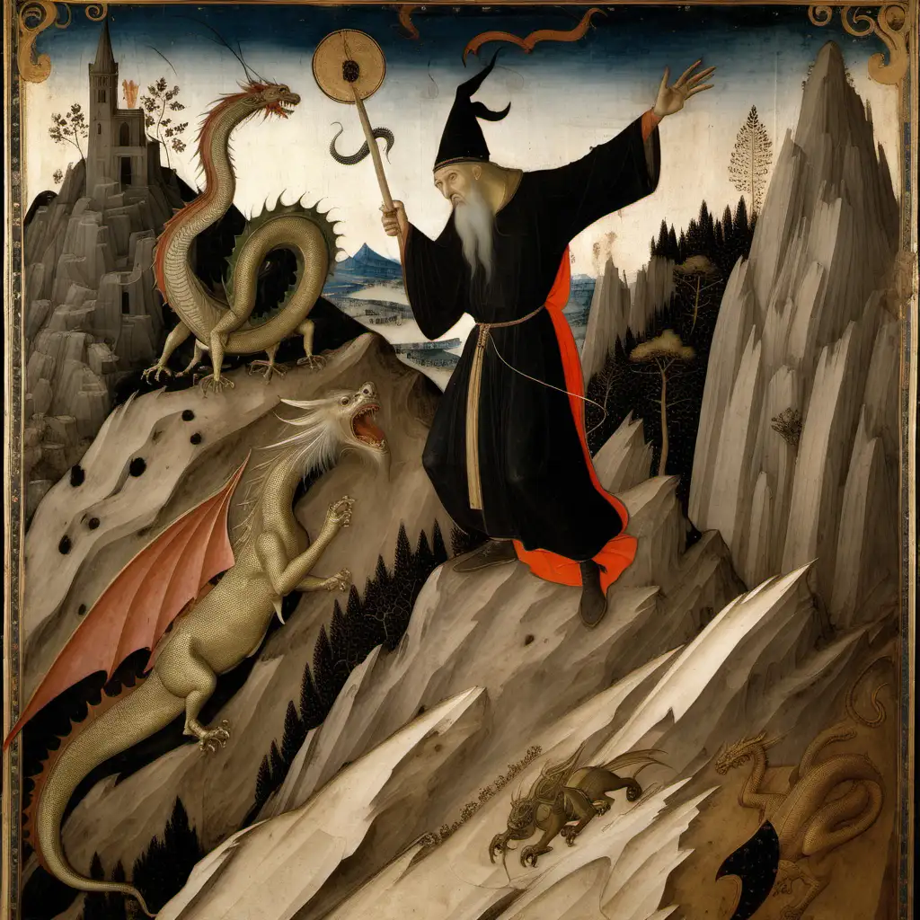 simone martini painting depicting a wizard fighting a dragon at the top of a mountain
