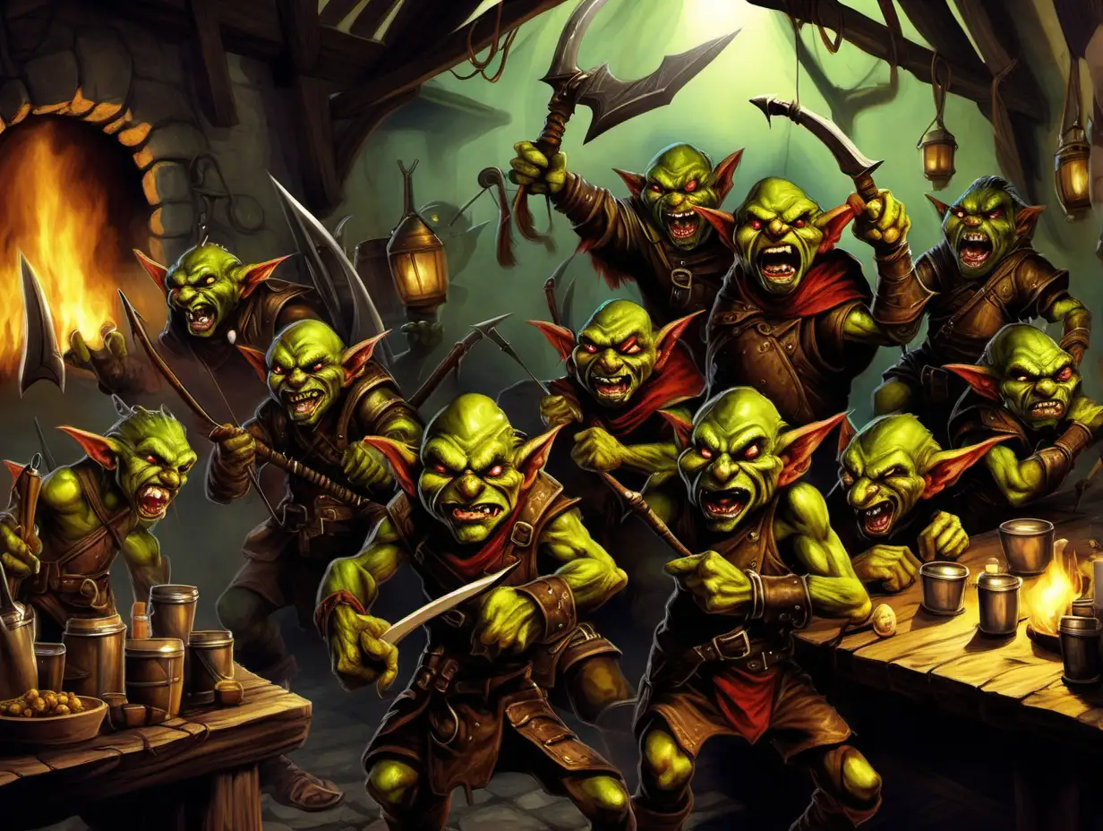 angry goblins, kobolds, goblin archers, tavern, fantasy painting