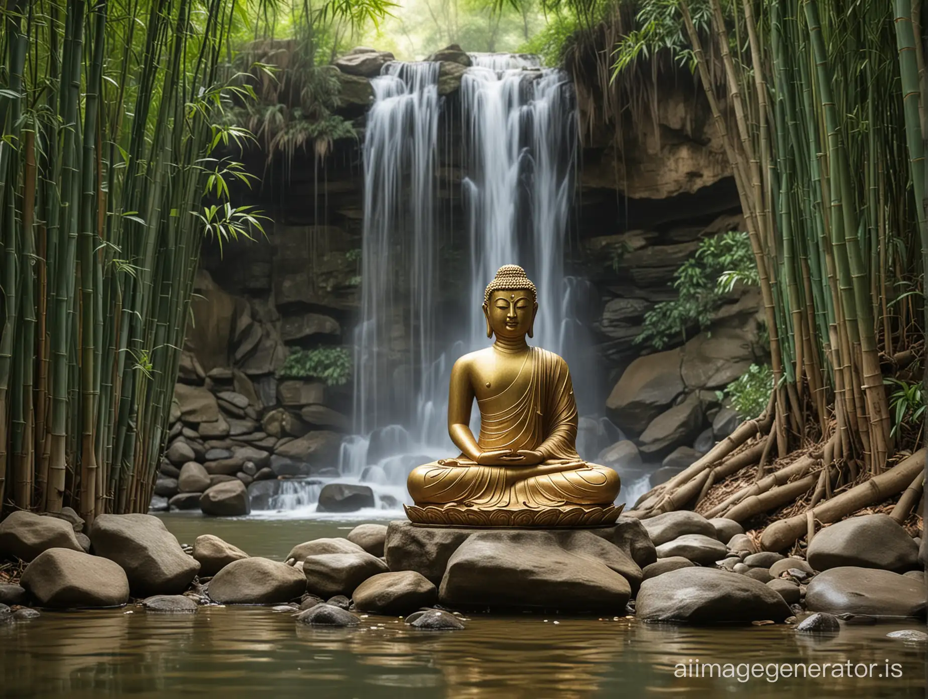 buddha meditating near a bamboo waterfall