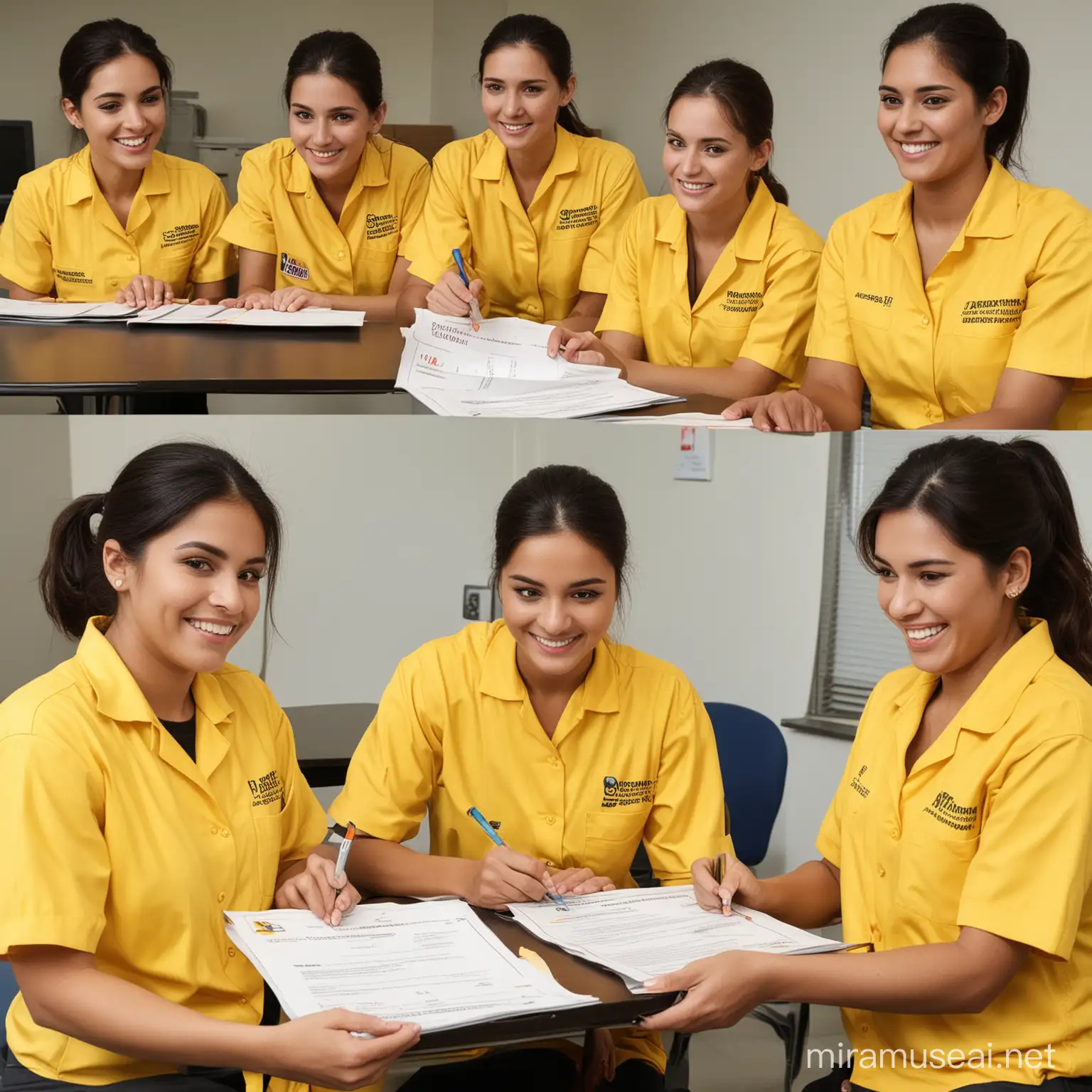 Generate vibrant training images for S&S Global Technical Training Institute, featuring a diverse range of training programs including housekeeping, old age care, maternity care, baby care, security guard, and office cleaner. Utilize a color theme dominated by #FCDE1B (bright yellow) for visual representation. Depict multiple individuals receiving training in different skills, ensuring corrected facial structures and a mix of both male and female participants with happy faces. Showcase the dynamic interaction between trainers and trainees, emphasizing hands-on learning experiences. Capture the excitement of unemployed individuals getting employed through training programs. Highlight the issuance of training certificates and immediate job opportunities for both domestic and international employment, inspiring confidence and growth.