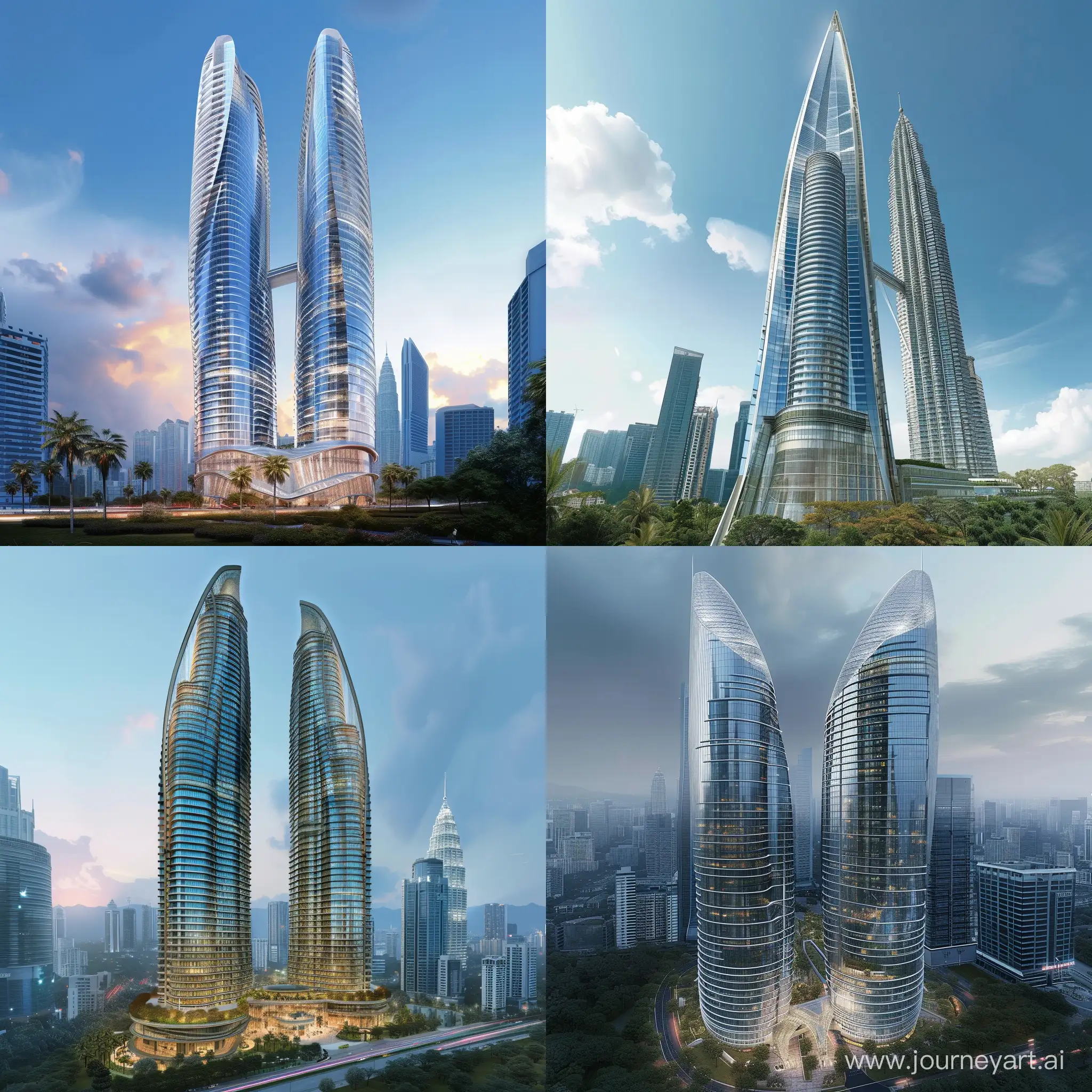 A 200-storey skyscraper divided into two towers connected by a glass corridor and the facade is made of glass, like the Petronas Twin Towers in a different shape.