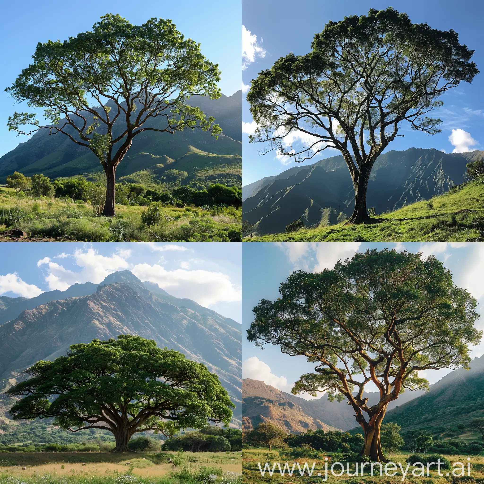 Serene-Landscape-Majestic-Tree-amidst-Mountainous-Terrain