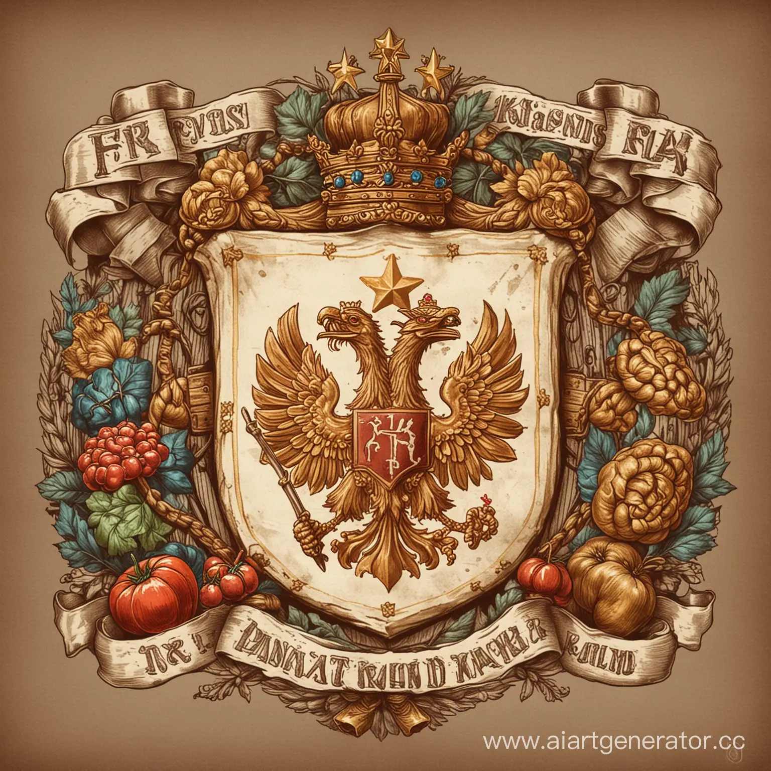 старый нарисоанный от руки простой герб с изображением русской еды, цепей и кулаков