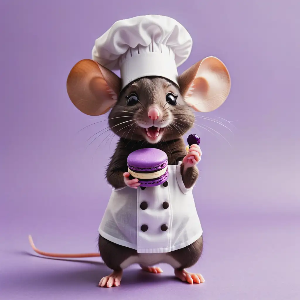 Remy the mouse holding a dark purple macaron. wearing a chef's hat.