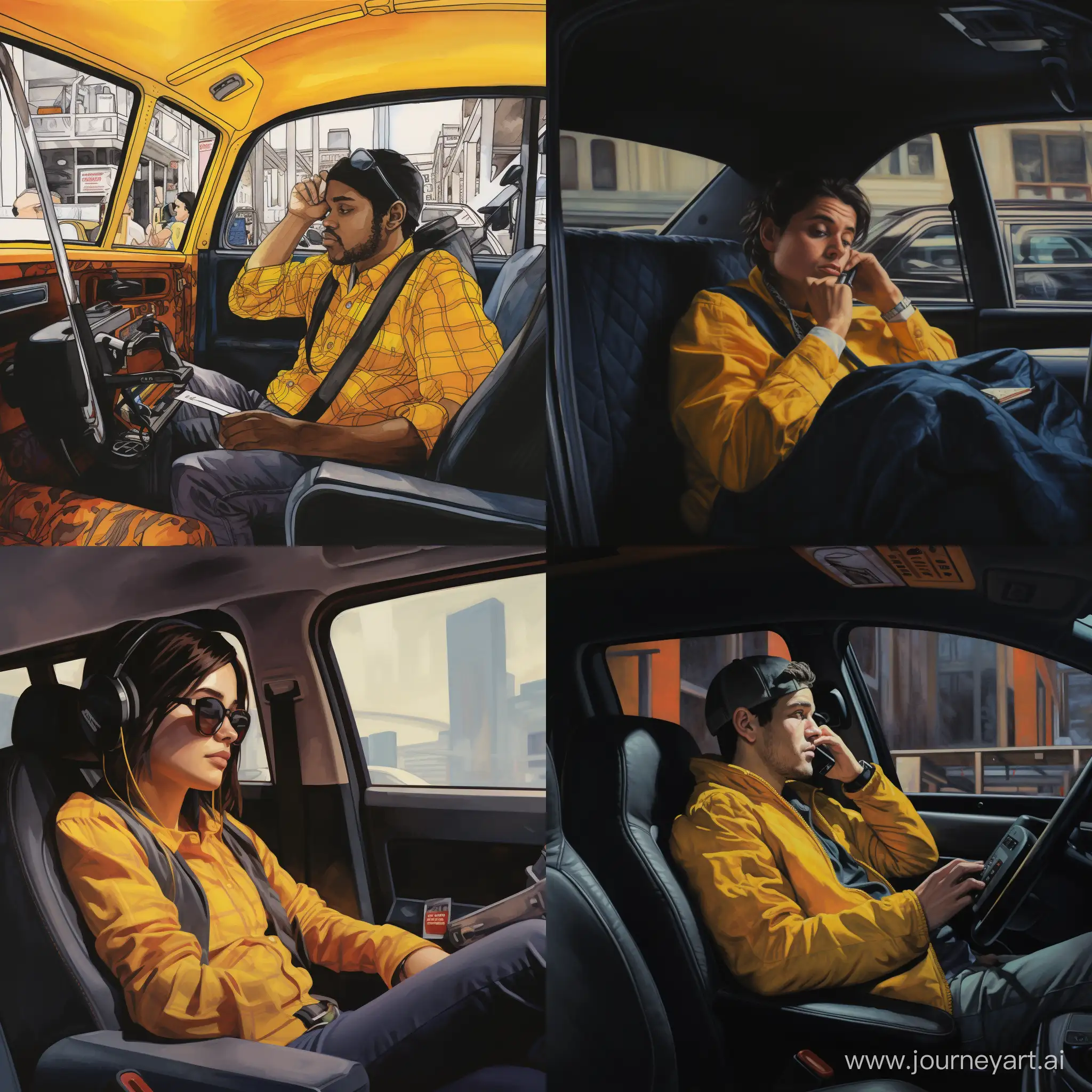  салон такси с пассажиром на заднем сидении сидящем в телефоне