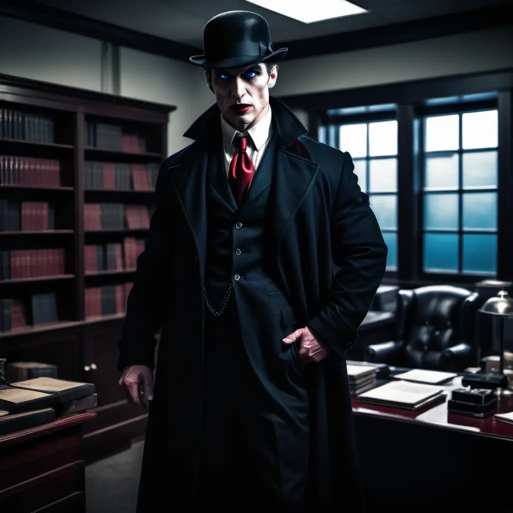 a vampire private investigator, wearing a 1930s black suit, white dress shirt, deep red necktie, wearing a black greatcoat, wearing a bowler hat, normal face, glowing blue eyes, inside a modern private investigator office, full body image, muscular build, realistic