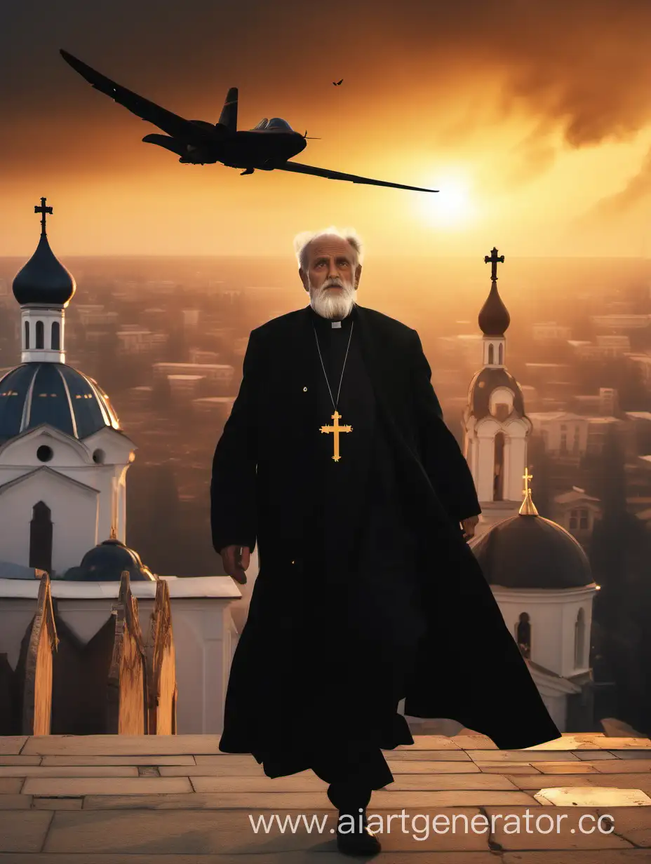 летит старец над православным храмом, в черном монашеском облачении, на фоне заката, в далеке падают бомбы