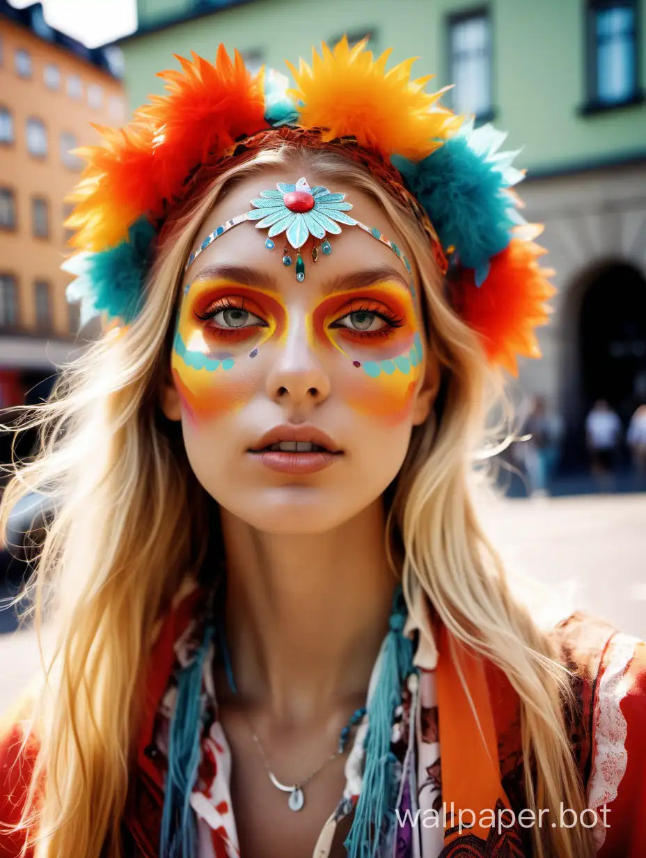 hyperreal fashion photo, clear facial features, nordic model, bright carnival colours, boho chic, Stockholm street, midday, summer time, uplighting ::style raw --stylized400 --c10