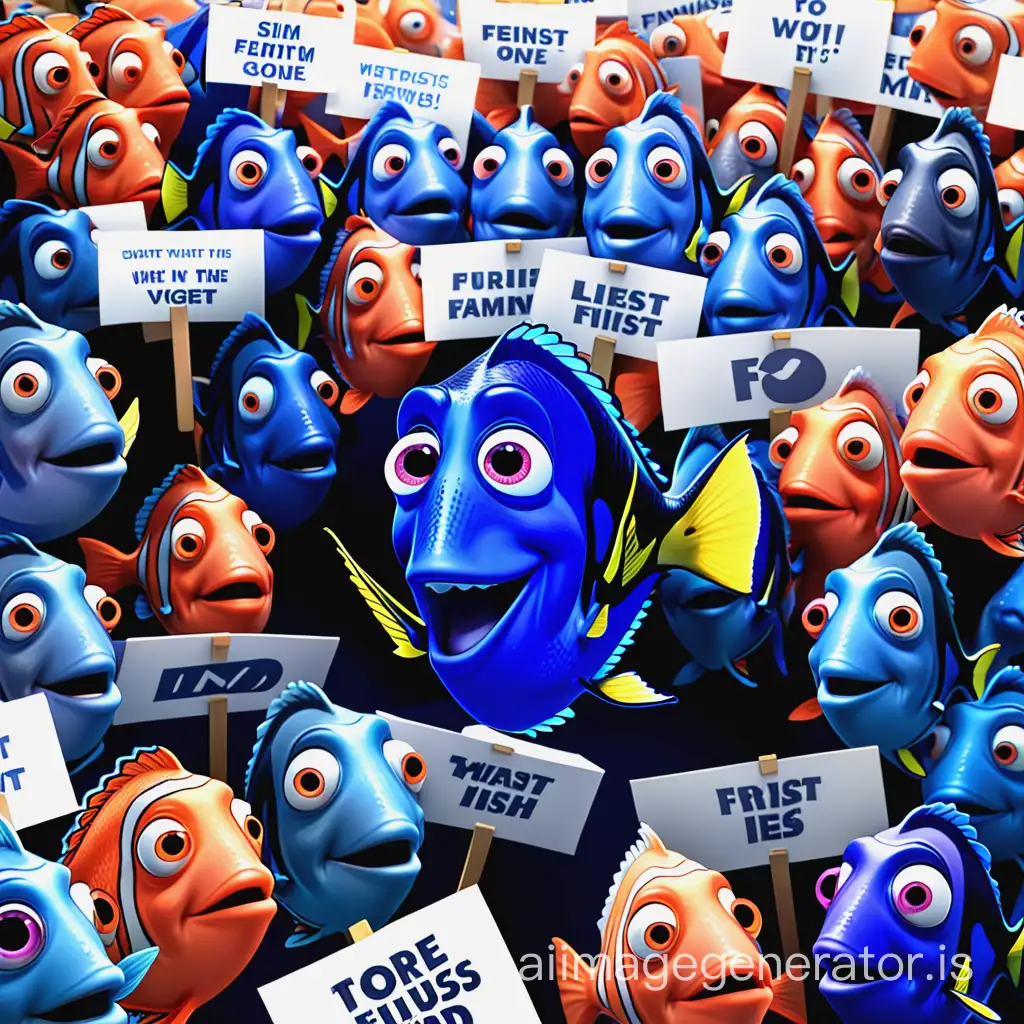 Dory the fish, in a crowd of fish holding signs with feminist messages