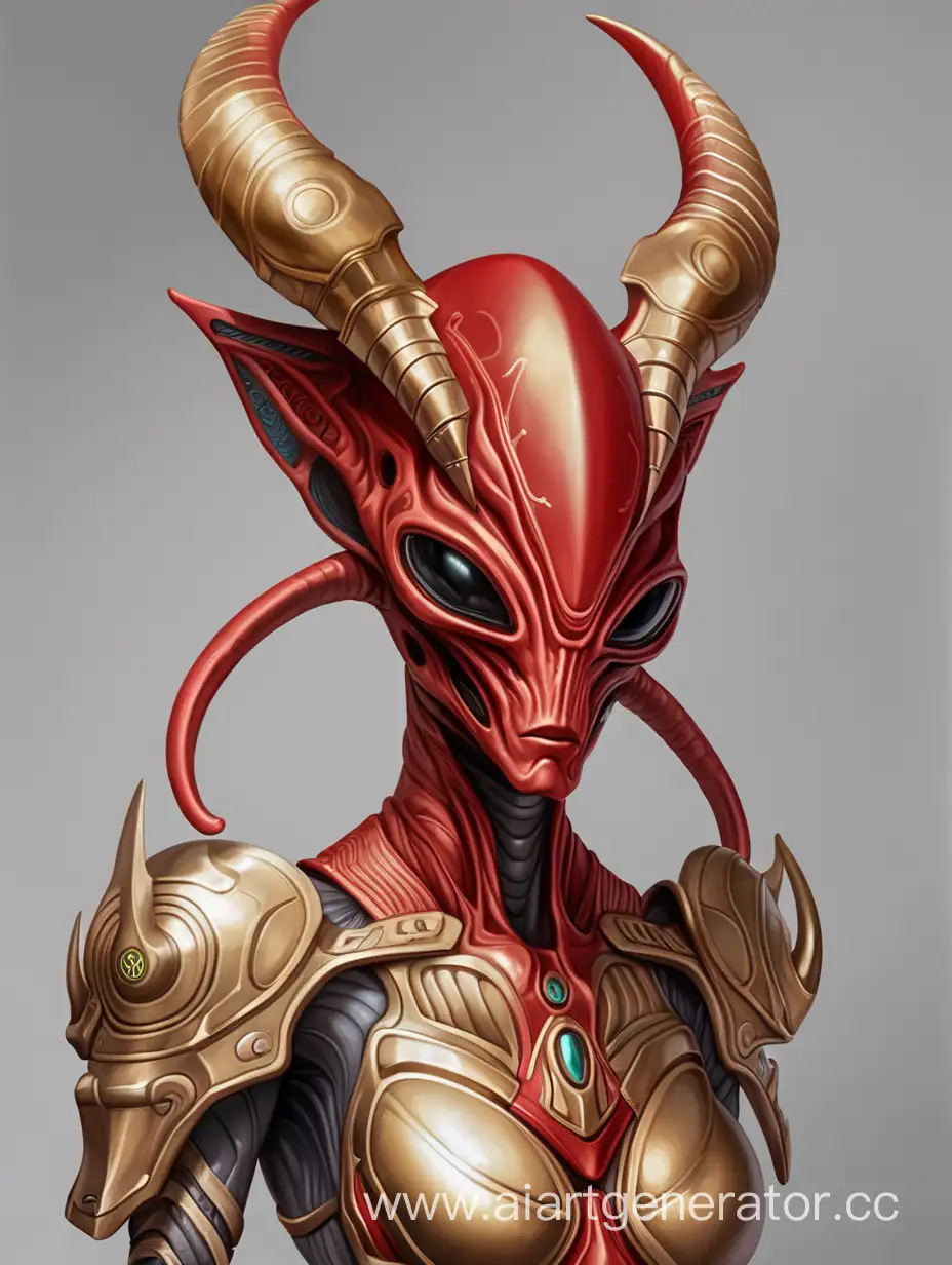 Alien, alien red and golden armor, alien helmet, alien respirator, rune tattoo, horns, female character