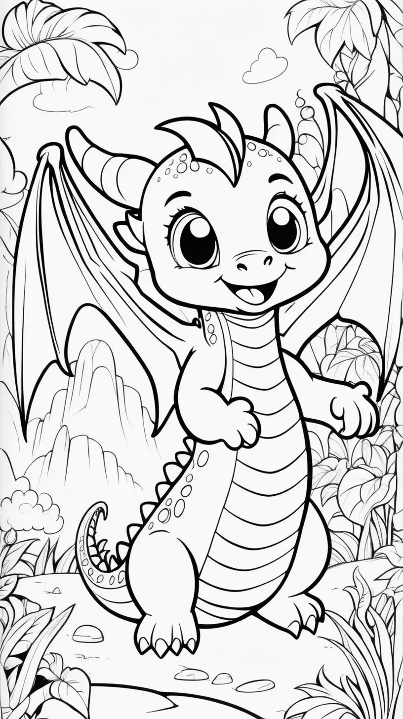 CUTE HAPPY BABY DRAGON IN A MAGICAL LAND EXCITED EYES FOR COLORING
