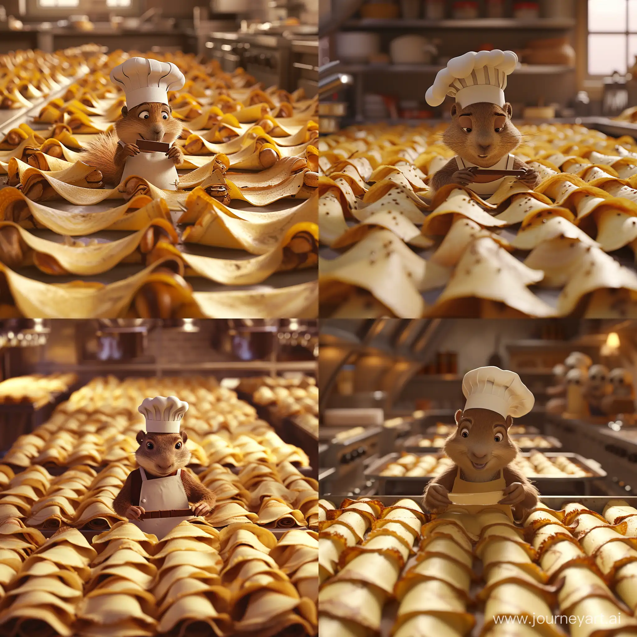 create an image of a humorous scene in a kitchen where hundreds of pancakes are being prepared. The pancakes are each wrapped around a thin slab of chocolate. In the middle, facing the camera, a very detailed marmot with a chef's hat and a kitchen apron and with beautiful, well-detailed fur. she is wrapping a thin slab of chocolate in a crepe. the groundhog looks concentrated while doing this painstaking work. Pixar animated style.