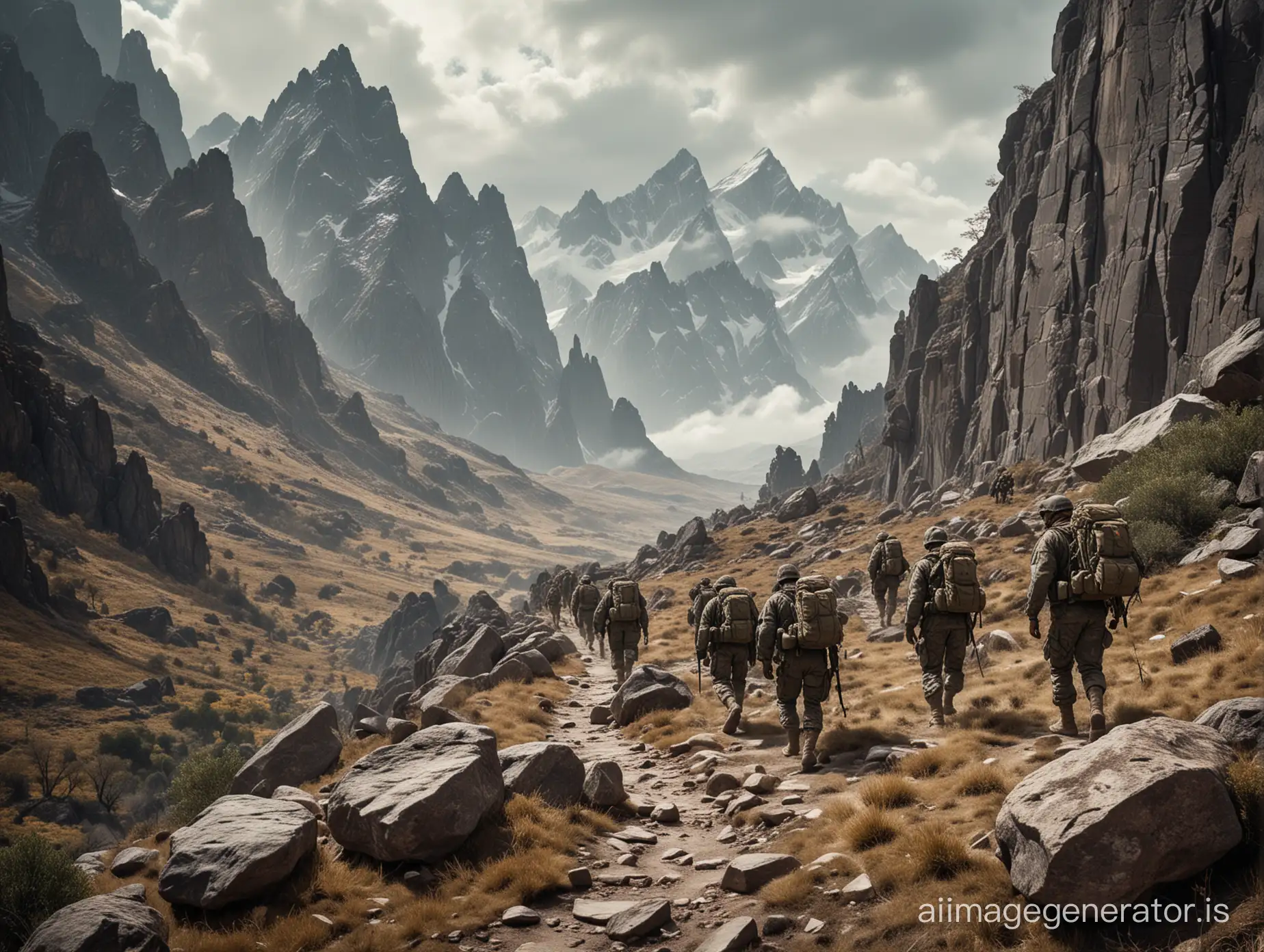 "Army in the mountains" - A scene depicting rugged, mountainous terrain with soldiers in camouflage uniforms navigating through rocky paths. The soldiers are carrying equipment and are strategically positioned amidst the mountains. The landscape is characterized by jagged peaks, rocky cliffs, and sparse vegetation. In the background, misty clouds partially obscure the higher peaks, adding to the sense of depth and scale. The overall atmosphere is one of tension and readiness as the soldiers move through the challenging terrain.