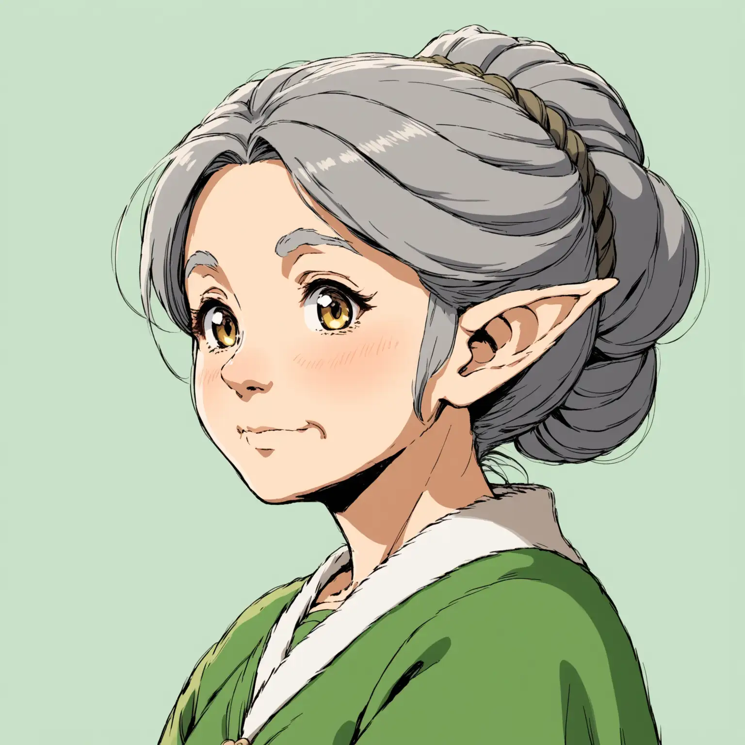 elderly female elf with dark grey updo hair. Ghibli style. no background