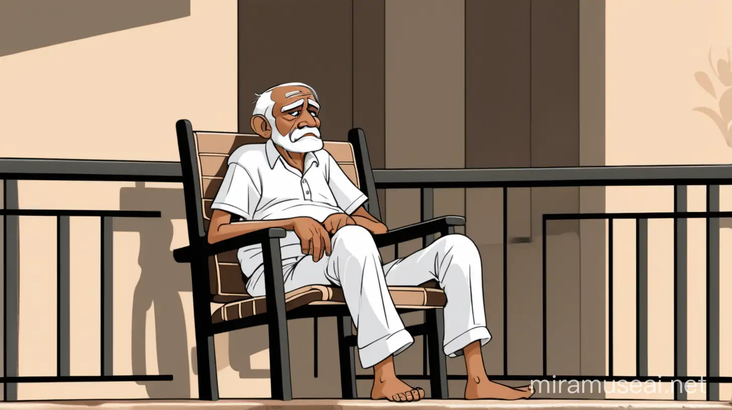 A sad Indian old man on an easy chair in balcony.  Please make the image cartoon type. 