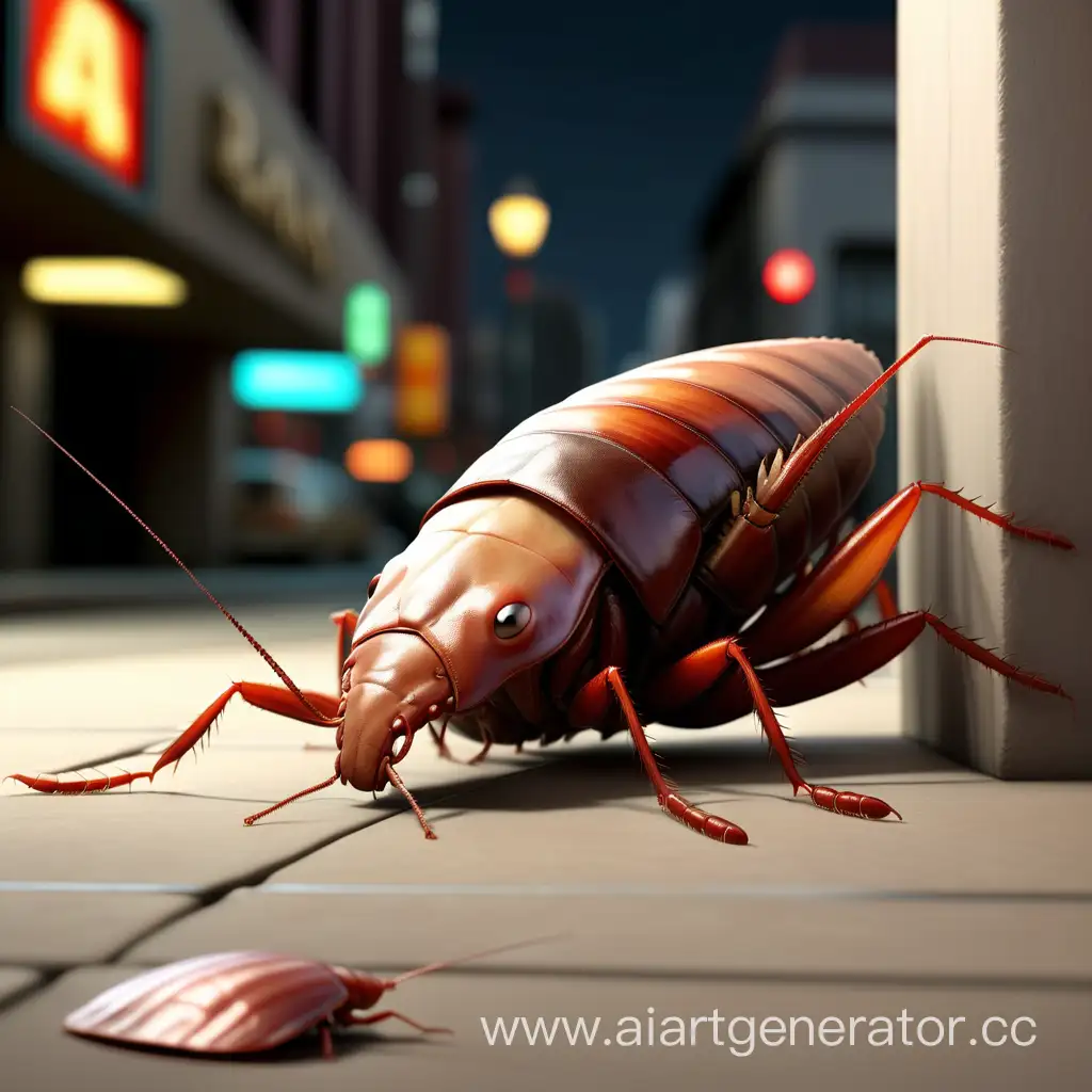a drunk man lies near the entrance and next to him is a cockroach with a height of 2 meters