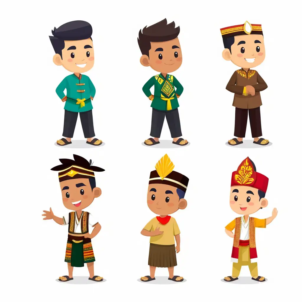 Set of Young Indonesia man wearing Traditional costumes, different pattern, costume design. character design