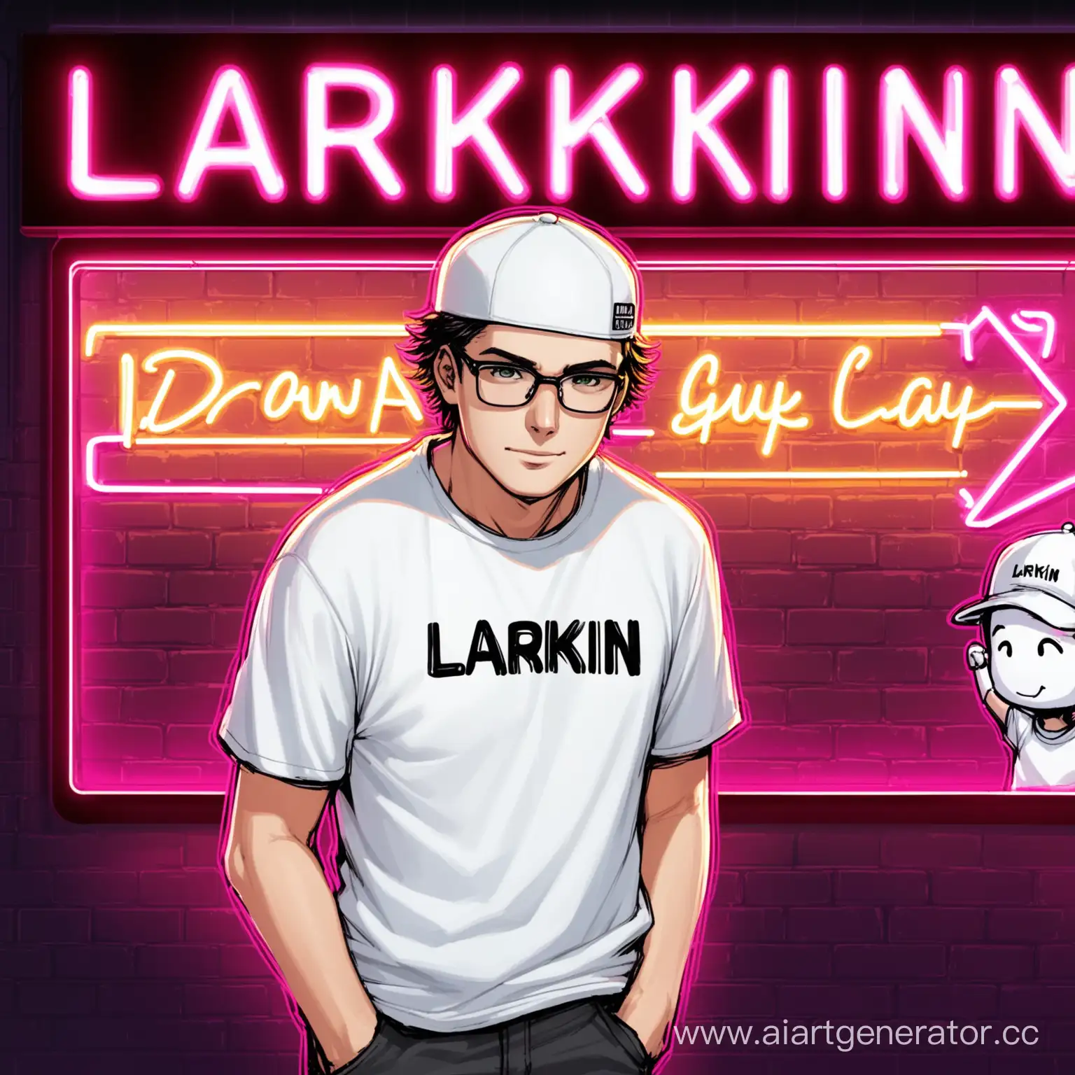 нарисуй  парня-стримера, у которого белая кепка и футболка, а на заднем плане неоновая вывеска "LARKIN"