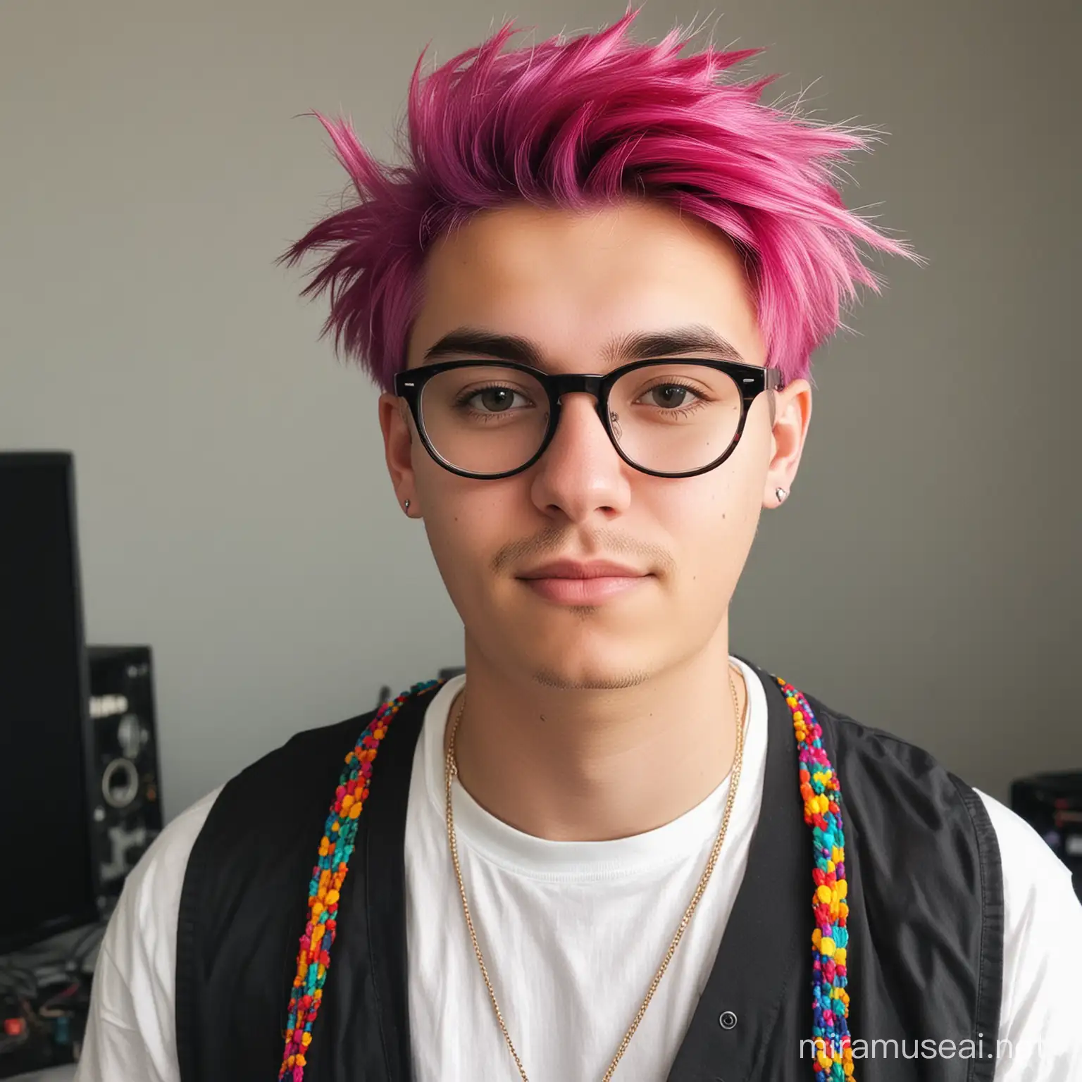 Estudiante de producción musical de 19 años, con cabellos de colores y anteojos