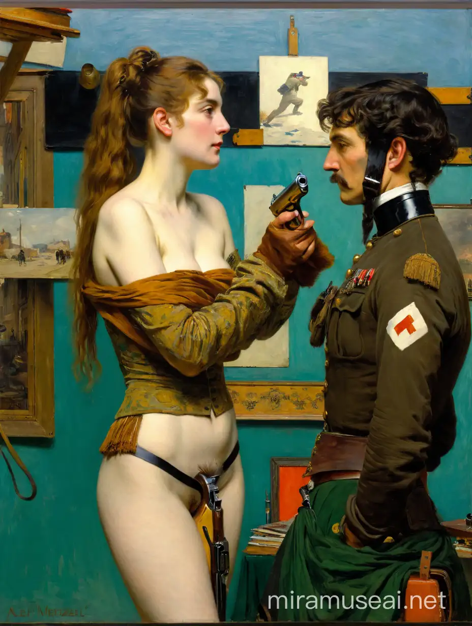 Old Artist and Young Woman with Gun in Studio