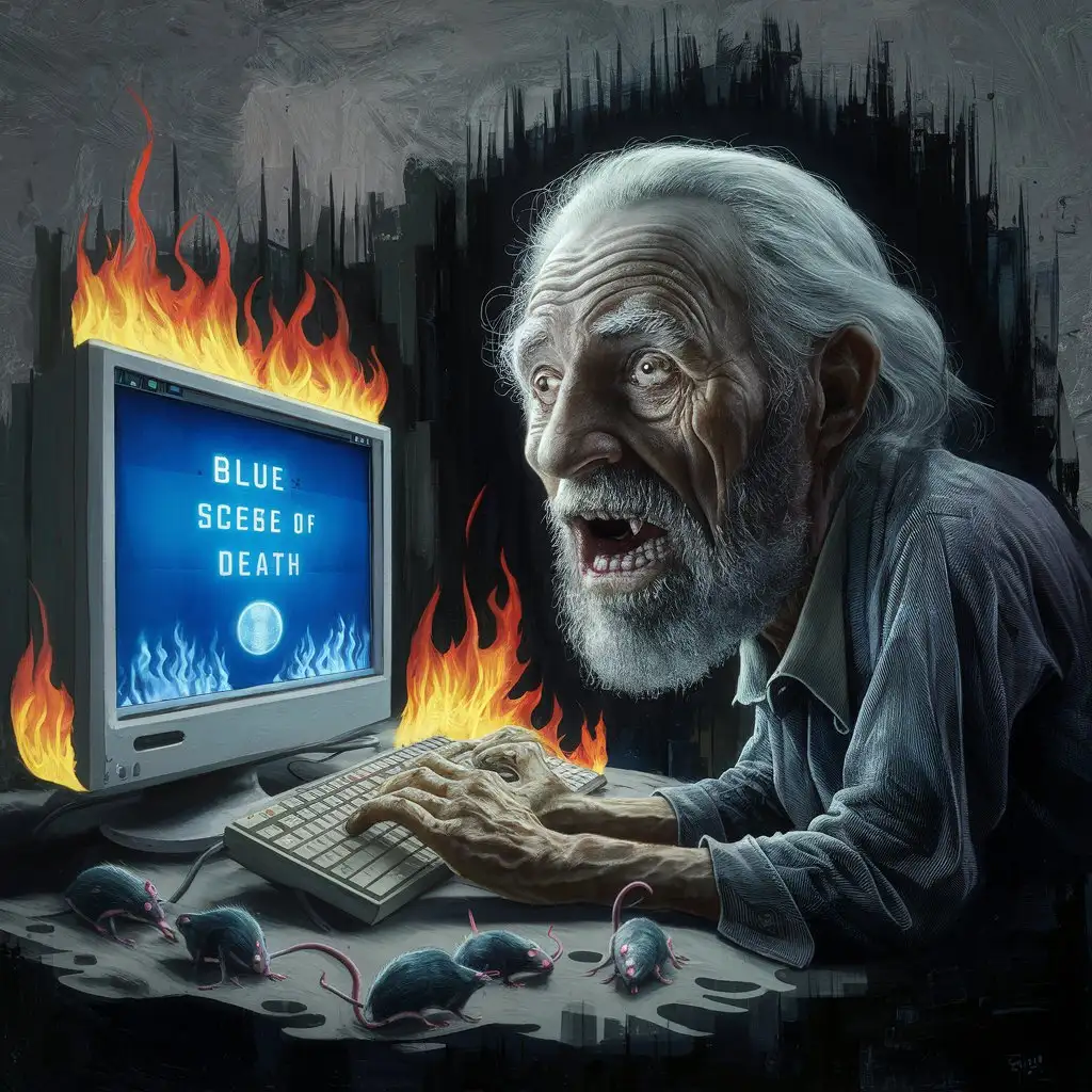 Opa tickt am PC aus, da dieser ein Bluescreen zeigt. Feuer, Gruselig, Weißhaariger Opa mit Bart, Ratten laufen über den Tisch, Düster, Angst, Schrei.