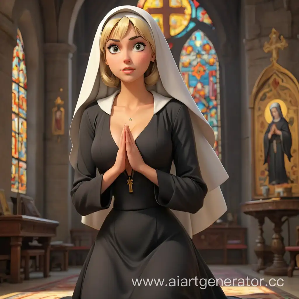 Sensual-Nun-Praying-with-Deep-Cleavage-in-Front-of-Picture