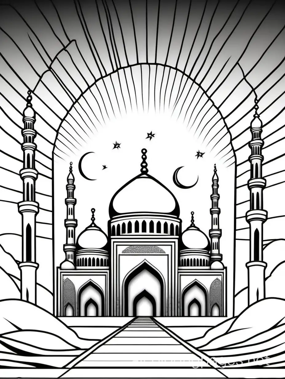Islamic-Mosque-Sunset-Coloring-Page-Simple-Black-and-White-Line-Art-for-Children