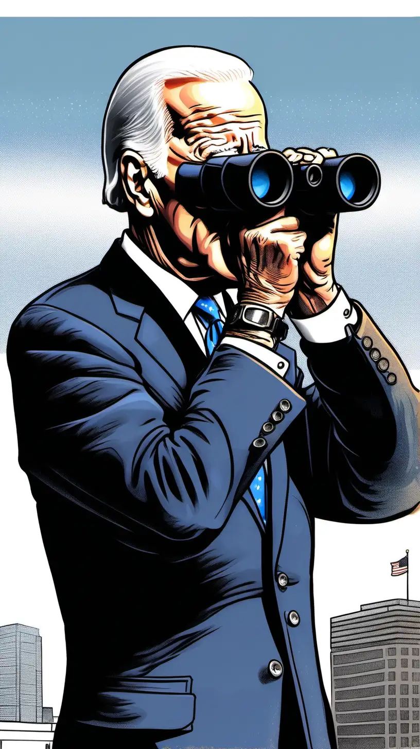 Joe Biden Cartoon Using Binoculars for Observation