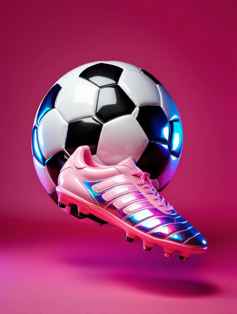 großer Fussball in Holographie Effekt mit pinken Hintergrund und Fußballschuh, schwebt beides in der luft, fussbalschuh über dem ball



