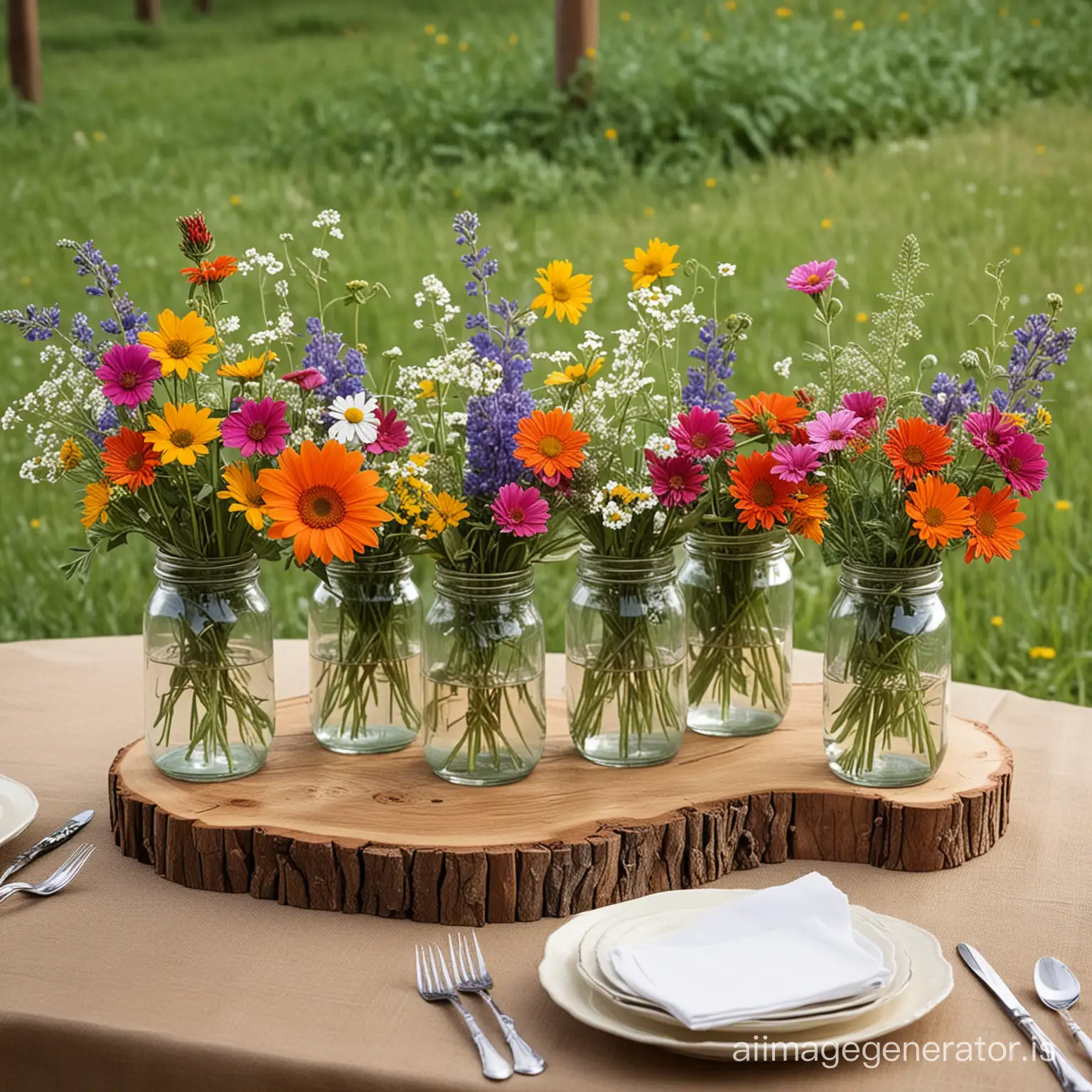 Create an image of a rustic centerpiece featuring natural wood slices as bases, each topped with a jar or vase filled with vibrant wildflowers. The wood should have a raw, earthy texture, enhancing the rustic charm of the setting. The jars or vases should be simple and clear, allowing the colorful wildflowers to stand out. This arrangement should evoke a feeling of a casual, countryside charm, perfect for a rustic-themed event. The background should be muted to emphasize the natural beauty and simplicity of the centerpiece.